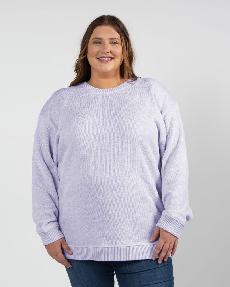 Front of a model wearing a size 3X Warm Up Crew Sweatshirt in Grape by chicka-d. | dia_product_style_image_id:289364